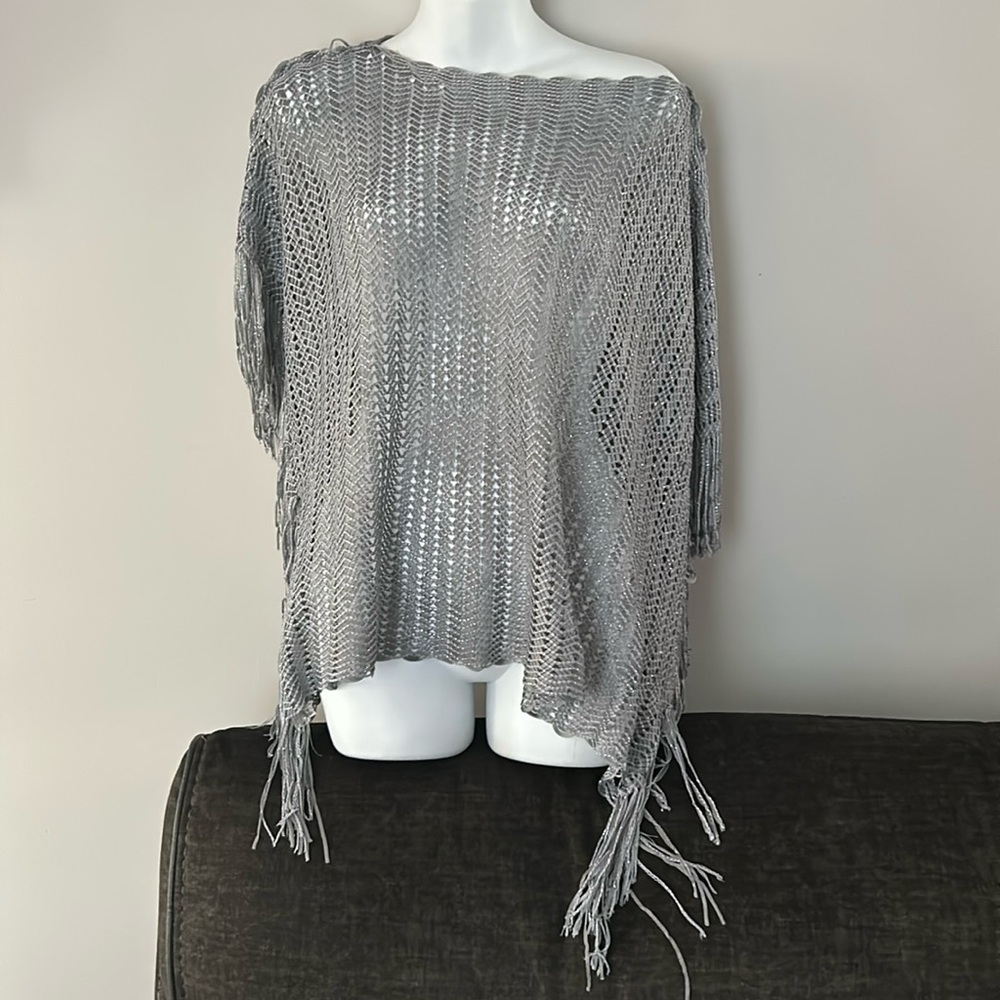 Silver Grey Metallic Multi Purpose Fringed Poncho Top